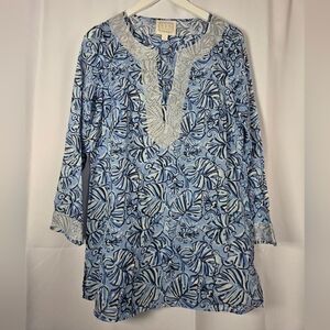 Sail to Sable Tunic Cover-up Top Women's S Shirt Blue Silver Cotton Lightweight